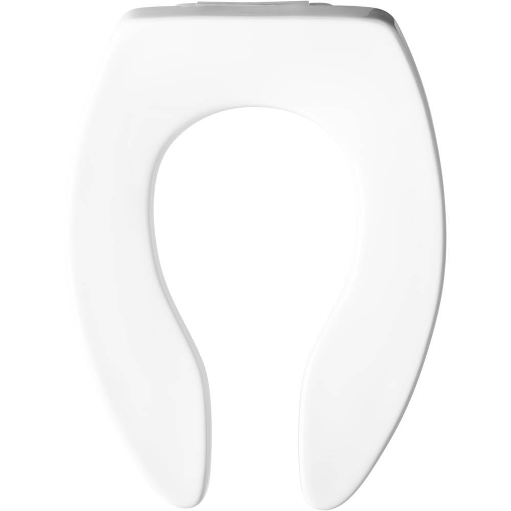 The Water ClosetBemisElongated Open Front Less Cover Commercial Plastic Toilet Seat in White with STA-TITE Commercial Fastening System Check Hinge