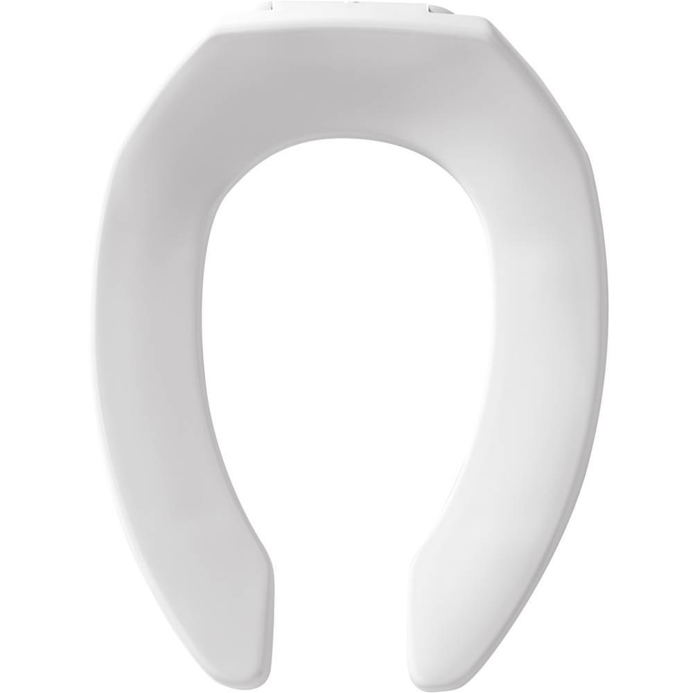 The Water ClosetBemisElongated Open Front Less Cover Commercial Plastic Toilet Seat in White with STA-TITE Commercial Fastening System Self-Sustaining Check Hinge
