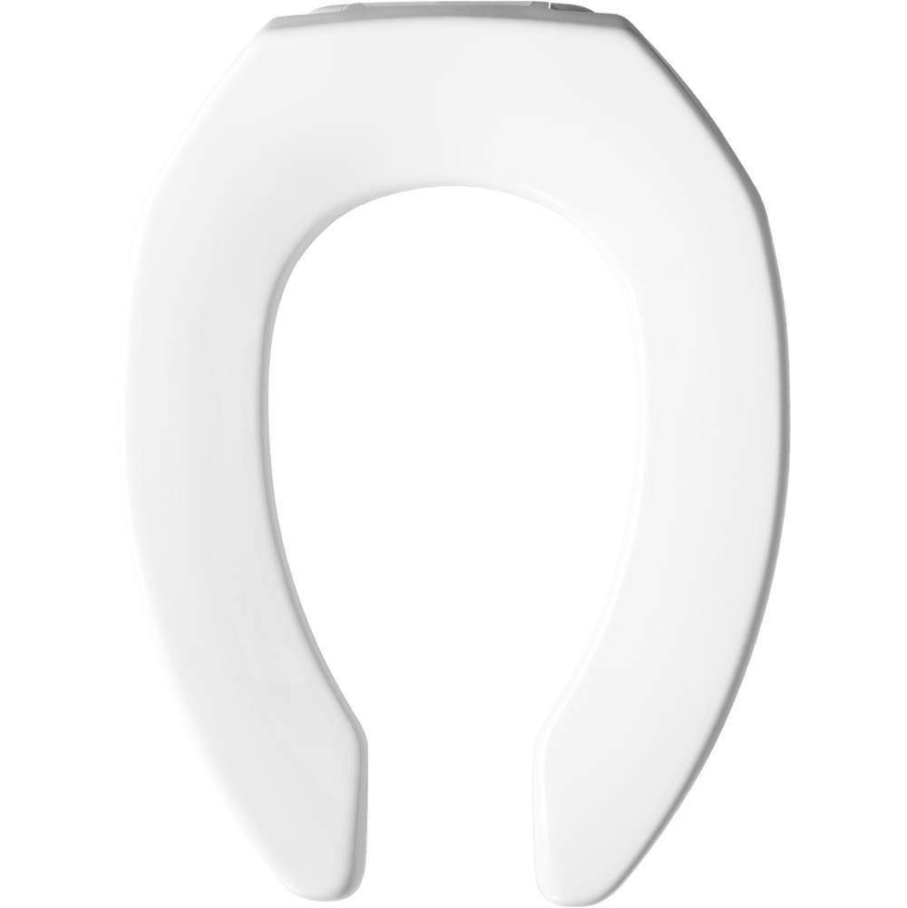 The Water ClosetBemisElongated Open Front Less Cover Commercial Plastic Toilet Seat in White with STA-TITE Commercial Fastening System Check Hinge and DuraGuard