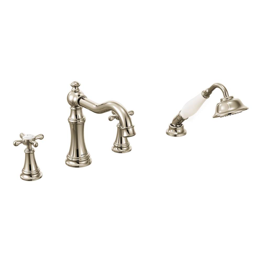 The Water ClosetMoen CanadaWeymouth Polished Nickel Two-Handle Diverter Roman Tub Faucet Includes Hand Shower