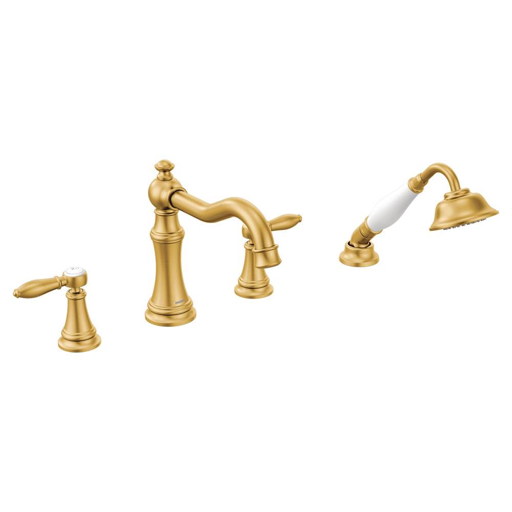 The Water ClosetMoen CanadaWeymouth Brushed Gold Two-Handle Diverter Roman Tub Faucet Includes Hand Shower