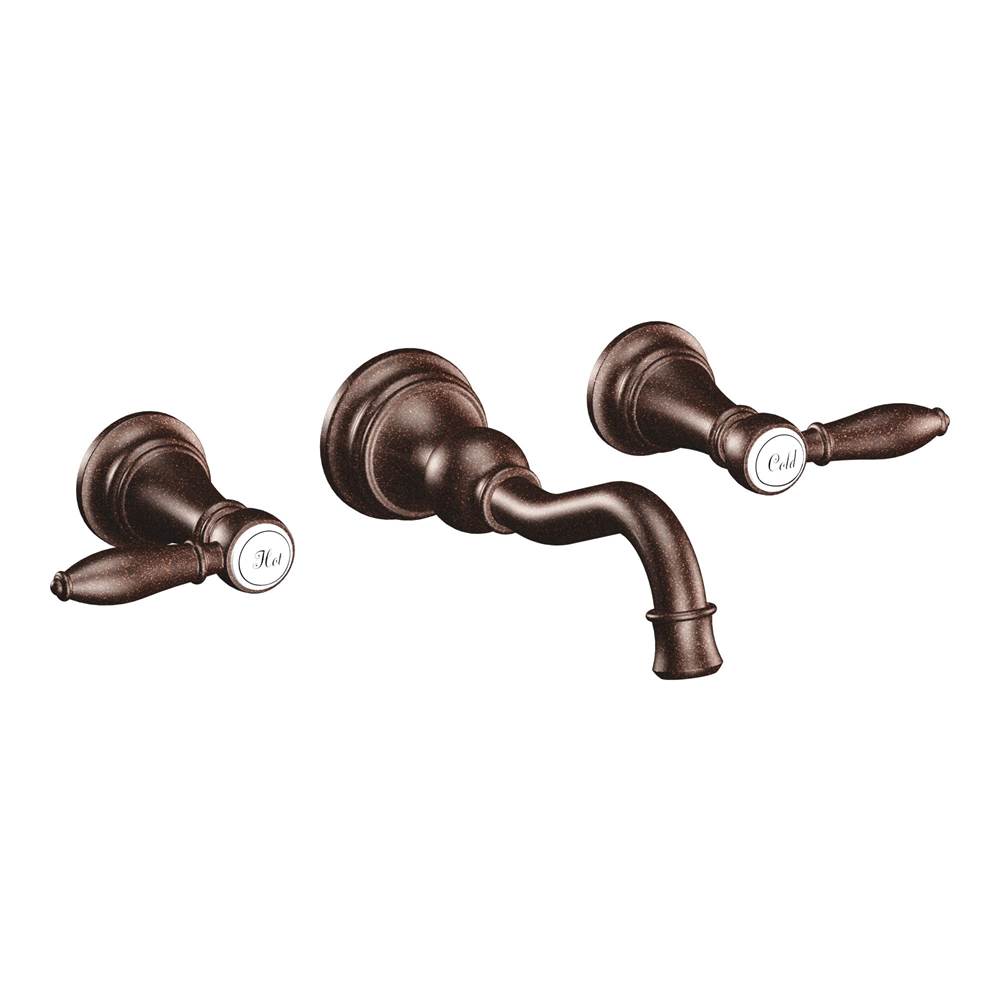 The Water ClosetMoen CanadaWeymouth Oil Rubbed Bronze Two-Handle High Arc Wall Mount Bathroom Faucet