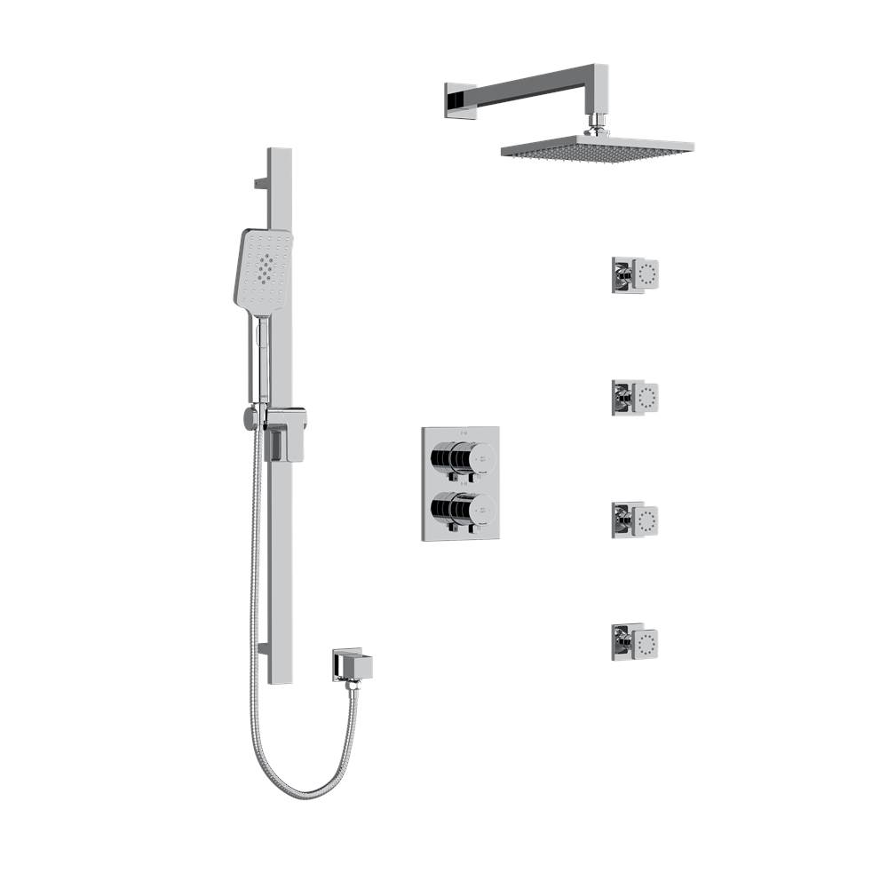 The Water ClosetRiobelType T/P (thermostatic/pressure balance) double coaxial system with hand shower rail, 4 body jets and shower head