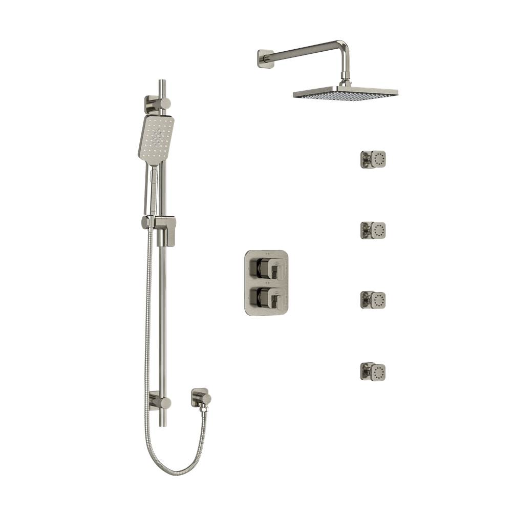 The Water ClosetRiobelType T/P (thermostatic/pressure balance) double coaxial system with hand shower rail, 4 body jets and shower head